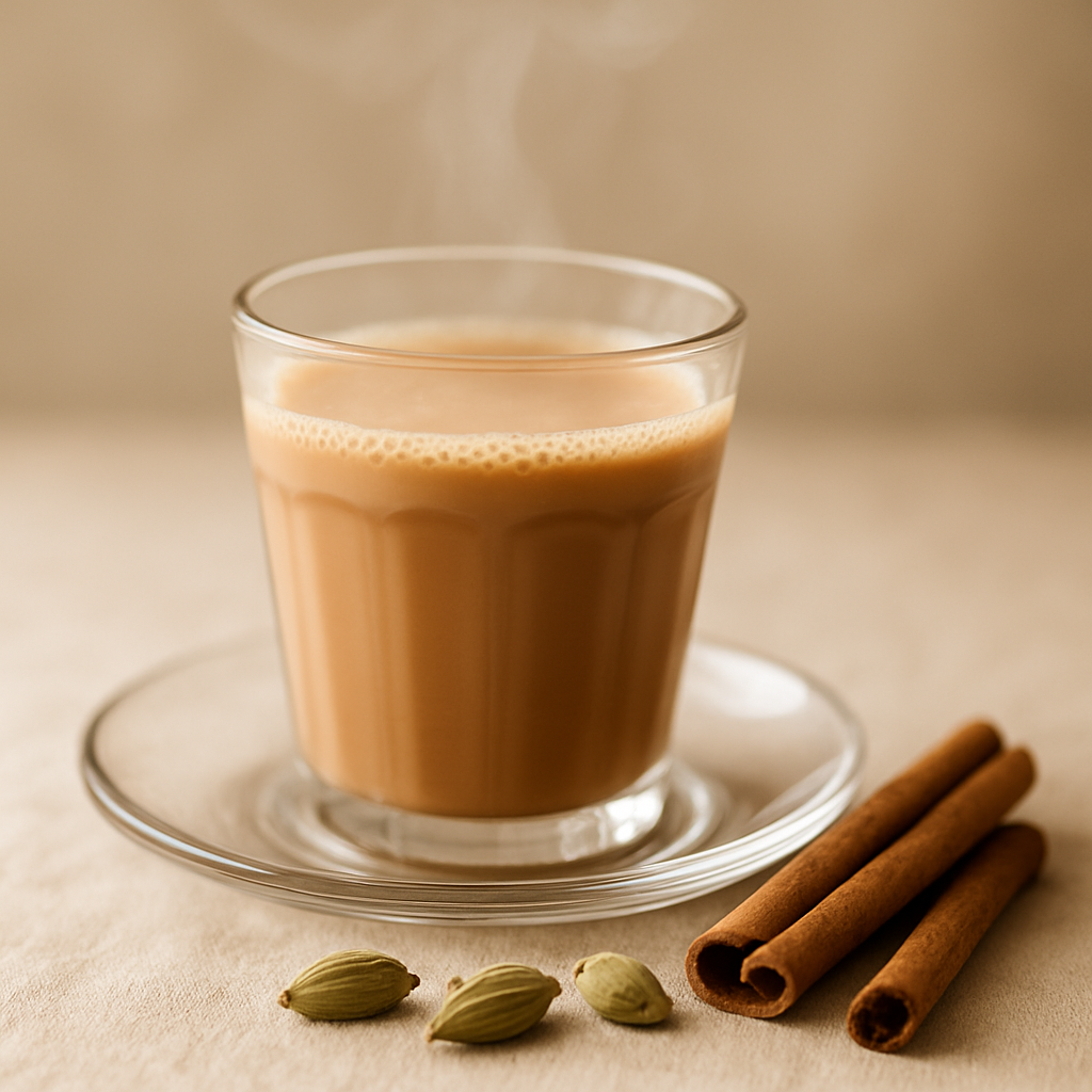 A small glass of cutting chai with whole spices