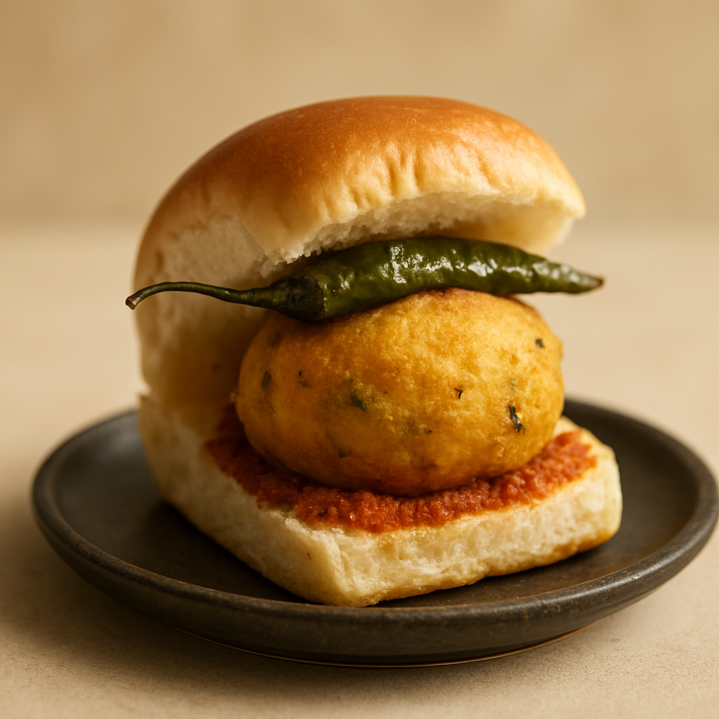 A single vada pav garnished with fried green chilli